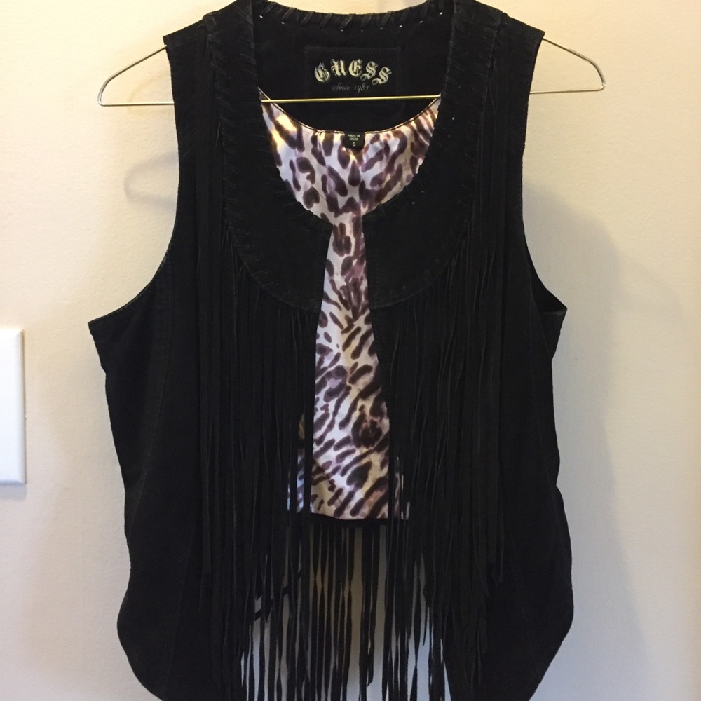 GUESS Genuine Leather Black Fringe Vest